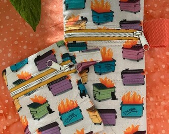 Dumpster Fire Zippered Quilted Pouch Phone case Ear bud case Silver coil silver Custom Spoonflower fabric Sunglasses  case