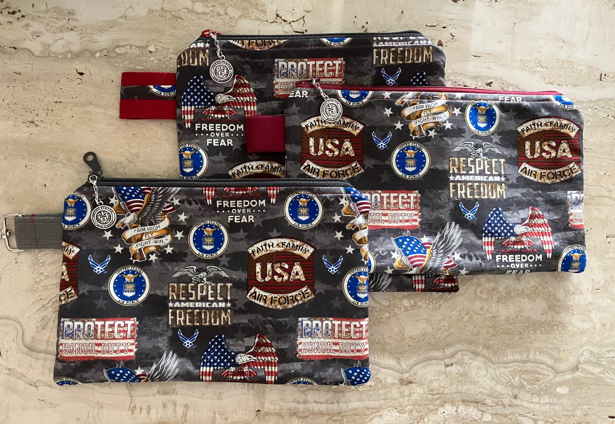 USA Air Force Zippered Pouch Fully Lined Side Clasp  Purse Tech Pouch Gift Bag Patriotic Pellon Interfacing Silver Zipper Charm