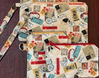 Zippered Pouch Travel Graphics iPad Mini Kindle Purse Cosmetics Detachable Strap Fully Lined Cotton Tech Phone