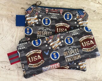 Air Force USA Military Zippered Pouch Purse Tech Case Phone Kindle Cosmetic Medications Homemade Gift iPad Mini Fully Lined  Pencil Pens Eye