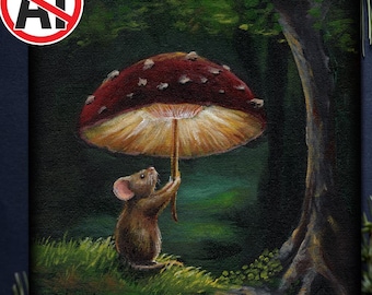 Mushroom Mouse Art Print: Whimsical Fantasy Painting (21x20cm, 200gsm Paper)