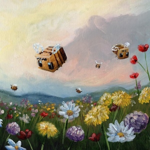 May include: A painting depicting a field of flowers with bees flying above. The bees are brown and yellow with wings. The flowers are a variety of colours, including red, yellow, white, and purple. The sky is a light blue with clouds.