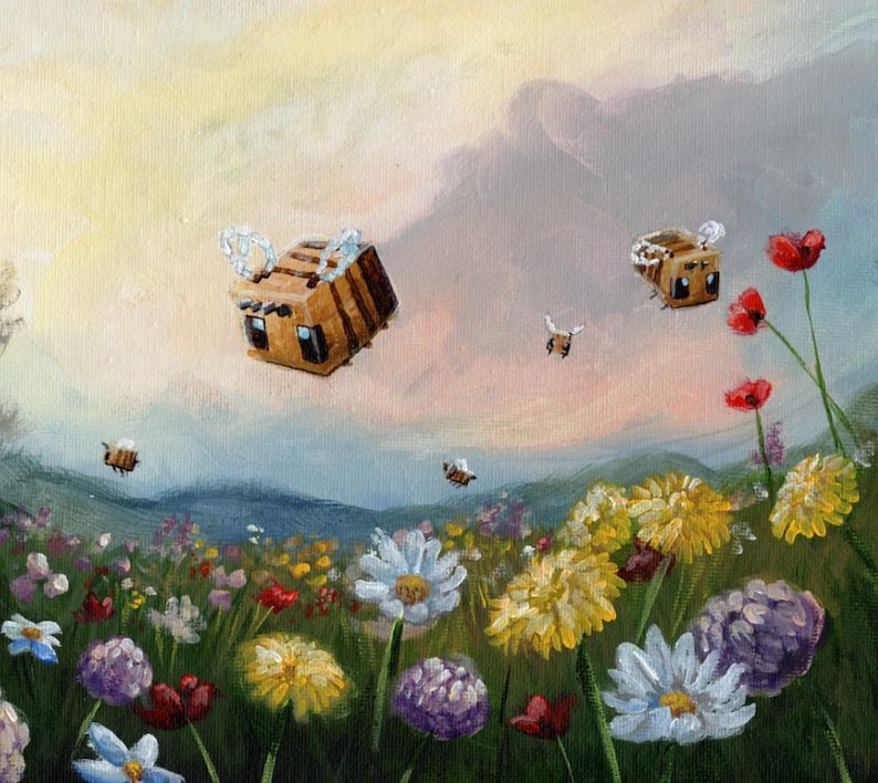 May include: A painting depicting a field of flowers with bees flying above. The bees are brown and yellow with wings. The flowers are a variety of colours, including red, yellow, white, and purple. The sky is a light blue with clouds.