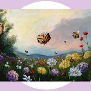 May include: A painting depicting a field of flowers with bees flying above. The bees are in a pixelated style, reminiscent of the video game Minecraft. The sky is a soft pink and orange, and the flowers are a variety of colours.