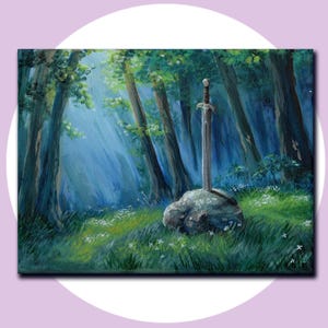 Spada nella roccia - Stampa artistica dell'opera originale di Fantasy Artist 20 x 15 cm su carta da 200 gsm