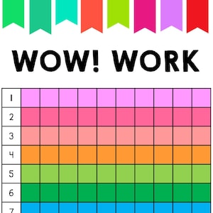 May include: A colorful educational chart with the words "WOW! WORK" at the top. The chart features a grid of squares in various colors, with letters and numbers along the edges. Colorful banner shapes are at the top.