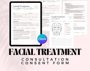 Facial Treatment Consultation & Consent Form, Esthetician Face Map and Treatment Record, Skin Analysis Intake | Editable Canva Template
