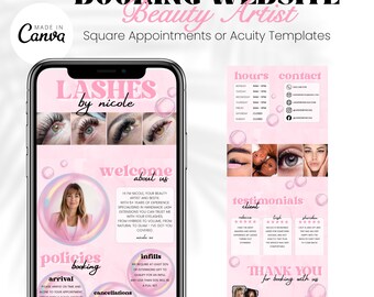 Beauty Artist Booking Website Template | Pink Bubble Fun | Square Appointments & Acuity Scheduling Banner | Editable Canva Template