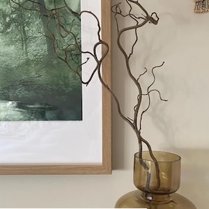 May include: A brown glass vase with a wide, rounded base and a narrow neck. The vase is filled with a bundle of curly brown twigs.