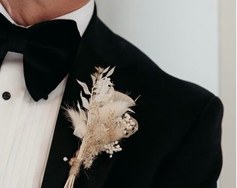 Boho Pampas Dried Flower Buttonhole, Bunny Tails Boutonniere, Wedding Buttonhole, Groom, Groom Buttonhole, Groomsman Buttonhole, Prom