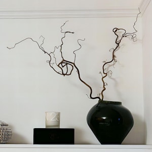 May include: A black vase with a twisted branch arrangement in it. The vase is on a white shelf with a white candle and a black box.