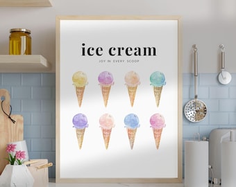 Colorful Ice Cream Print | Watercolor Ice Cream Wall Art | Ice Cream Poster | Whimsical Dessert Wall Art | Kitchen Decor | Digital Download
