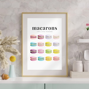 Whimsical Macarons Wall Art With &quot;Life&#39;s Little Pleasures&quot; Quote | Colorful Dessert Art Print | Watercolor Macarons Digital Download