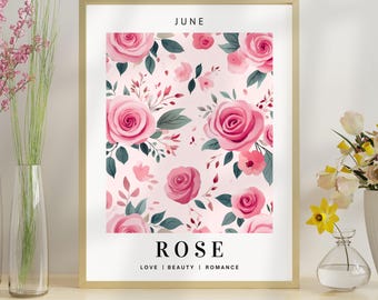 June Birth Month Flower Rose Wall Art Printable, Sweet Pink Rose Flower Meaning Poster, June Birthday Gift Idea Digital Download Print,