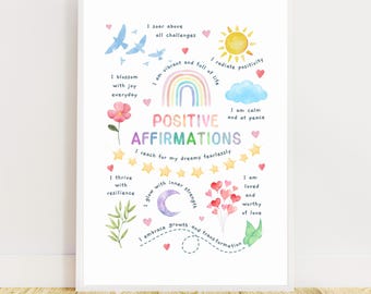 Positive Affirmations Wall Art Poster, Daily Affirmations Printable Digital Download, Positive Daily Affirmation Mental Health Art Print
