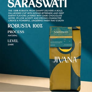 May include: A rectangular coffee bag with a gold and dark teal geometric design. The label features the text SARASWATI, JIVANA, ROBUSTA 100%, PROCESS NATURAL, and LEVEL DARK. The bag is positioned against a teal and beige background with text.