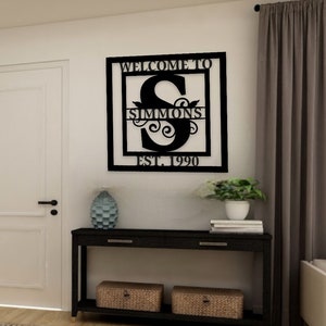 Sinal de sobrenome personalizado, arte de parede de metal personalizada, sinal de nome de família personalizado, cabide de porta inicial de metal, presente de casamento, sinal de folha estabelecido