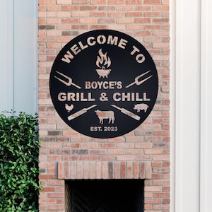 Placa de bar personalizada, placa de bar e churrasqueira, placas de churrasco, placa de quintal, decoração externa, arte de parede de metal, placa de pátio personalizada