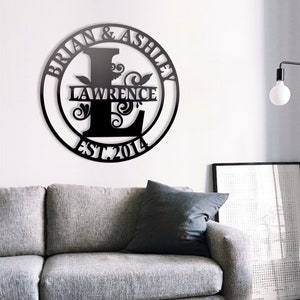 Sinal de sobrenome personalizado, arte de parede de metal personalizada, sinal de nome de família personalizado, cabide de arte de parede de metal, presente de casamento, aniversário estabelecido