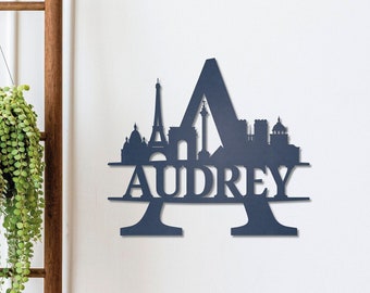 Personalized Name Sign with Paris Silhouette, Metal Monogram Sign, Metal Wall Art, Housewarming Sign Gift, Paris City Skyline Wall Decor