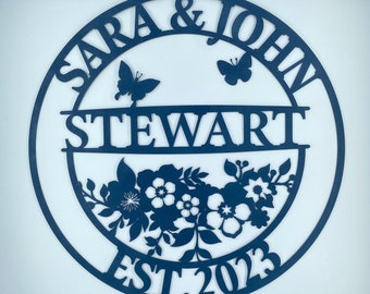 Personalized Floral Family Name Metal Sign, Wedding Anniversary Gift