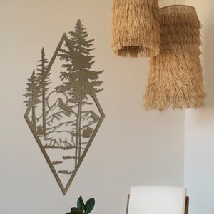 Arte de parede de metal de montanha, decoração de parede de metal natural, artes de parede de metal personalizadas, decoração de parede de metal de urso, arte de parede de metal de árvore, decoração de parede com vista para a natureza