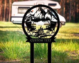 Custom Camping Metal Sign with Stake, Campfire Wall Art