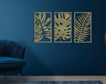 Gold Metal Leaf Wall Art, Tropical Botanical Decor, Set of 3