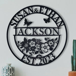 Placa de metal com sobrenome de família personalizada, placa de metal com nome floral, placas de metal personalizadas, placa de metal de quintal, presente para casal, presente de aniversário