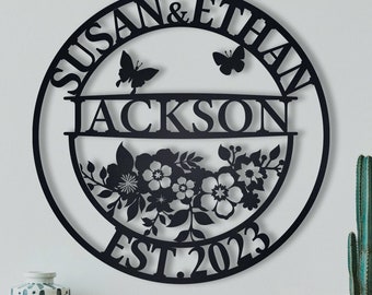 Custom Family Last Name Metal Sign, Floral Anniversary Gift