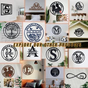 May include: A collage of various metal wall decor designs featuring names, dates, and symbols. The designs include a tree with roots, a heart with an infinity symbol, a monogram, and a silhouette of a couple. The text "EXPLORE OUR OTHER PRODUCTS" is displayed in the center of the collage.