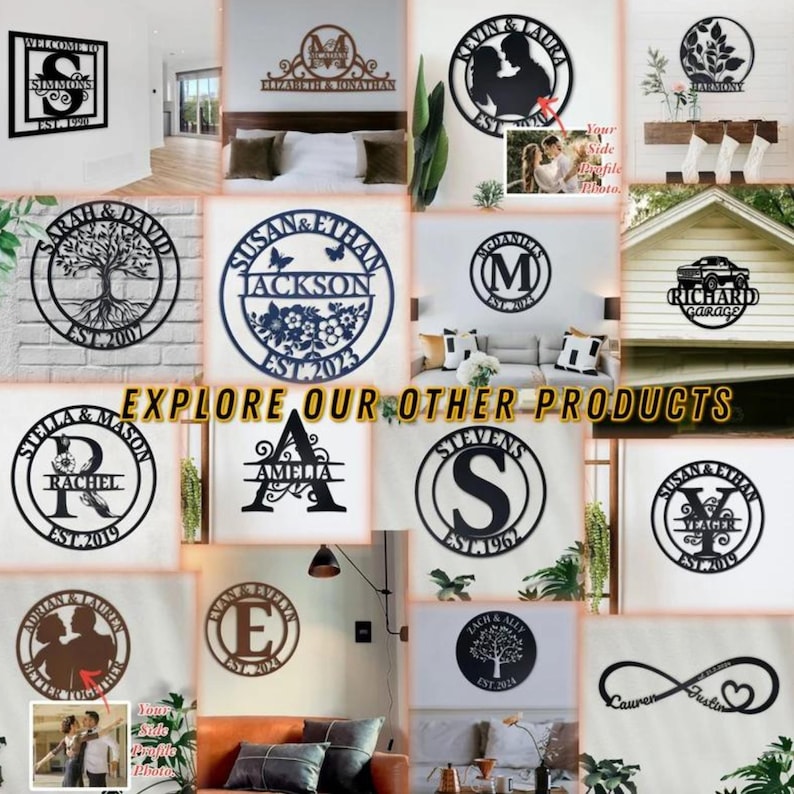May include: A collage of various metal wall decor designs featuring names, dates, and symbols. The designs include a tree with roots, a heart with an infinity symbol, a monogram, and a silhouette of a couple. The text "EXPLORE OUR OTHER PRODUCTS" is displayed in the center of the collage.