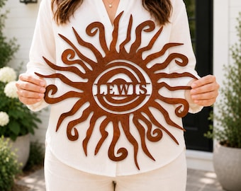 Personalized Sun Sign, Custom Family Name, Rustic Outdoor Wall Art, Patio Garden Housewarming Gift