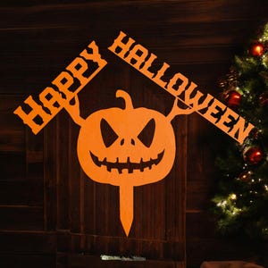Estaca de abóbora de metal artesanal | Decoração de quintal de Halloween à prova d'água | Placa de Jack-O-Lantern | Placa de feliz dia das bruxas | Decoração de parede rústica | Assustador