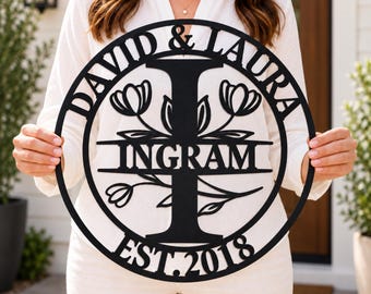 Personalized Family Monogram Sign, Custom Last Name Metal Wall Art, Floral Initial, Wedding Anniversary