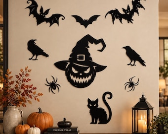 Halloween Metal Figure Set, Spooky Yard Decor, Custom Bat Cat Spider Sign