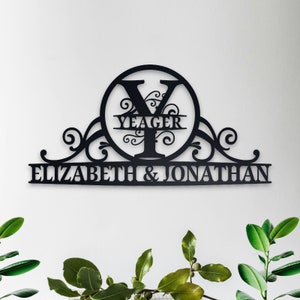 Placa de metal com monograma personalizado, placa de nome de família personalizada, decoração de parede de metal elegante personalizada, arte de parede de metal, placa de endereço