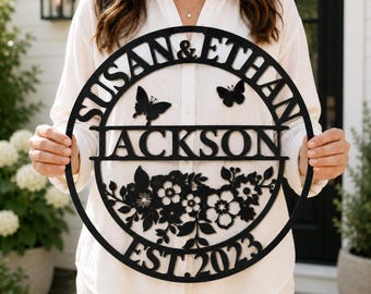 Custom Family Name Wall Decor, Floral Butterfly Detailed, Last Name Metal Sign, Color Options