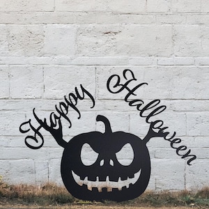 Estaca de abóbora de metal artesanal | Decoração de quintal de Halloween à prova d'água | Placa de Jack-O-Lantern | Placa de feliz dia das bruxas | Decoração de parede rústica | Assustador