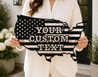 Custom US Flag Metal Sign, American Map Wall Art, 4th of July Decor