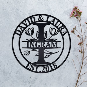 Sinal de metal com nome de família personalizado, sinal de metal com padrão de tulipa, sinal de sobrenome, sinais de metal personalizados, decoração de casamento de metal, presente de aniversário