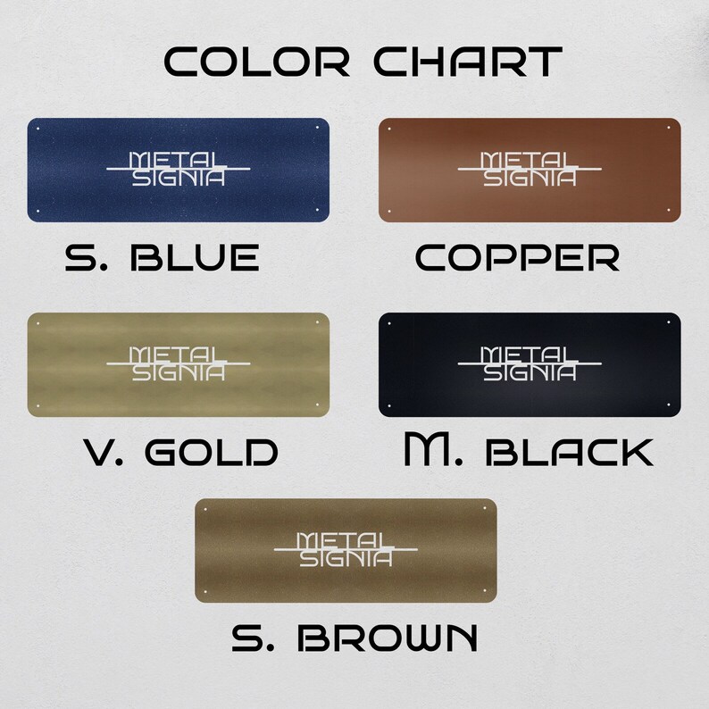 Pu&ograve; includere: Una tabella colori che mostra insegne metalliche rettangolari in vari colori: S. Blu, Rame, V. Oro, M. Nero e S. Marrone. Ogni insegna presenta il testo "METAL SIGNIA" in bianco.