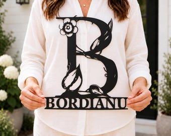 Personalized Floral Monogram Sign, Custom Family Name Metal Art, Initial Wall Decor, Wedding Housewarming Gift