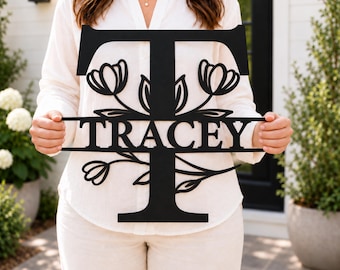 Personalized Floral Monogram Sign, Custom Initial Metal Wall Art, Last Name Family Sign, Wedding Housewarming Gift