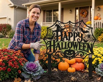 Halloween Yard Sign, Metal Garden Stake, Outdoor Pumpkin Spider Web Decor