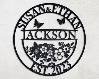 Personalized Floral Metal Family Name Sign, Wedding Gift