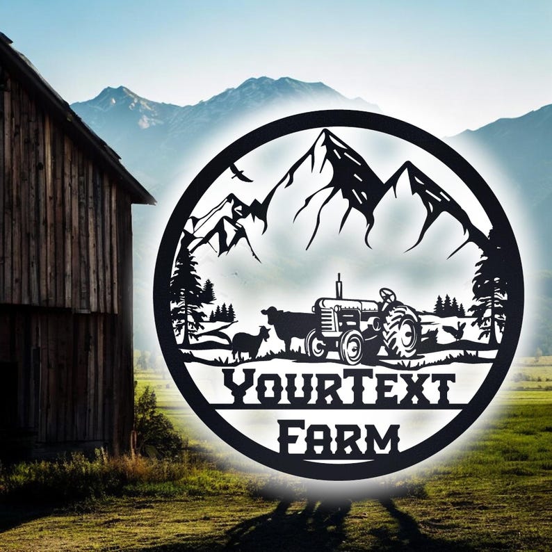 May include: Black metal silhouette of a farm scene with a tractor, cows, and mountains. The text "YOURTEXT FARM" is below the scene.