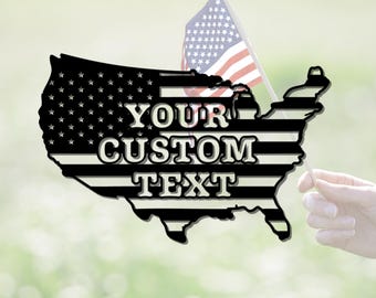 US Flag Metal Sign with Custom Text, American Map Wall Art, 4th of July