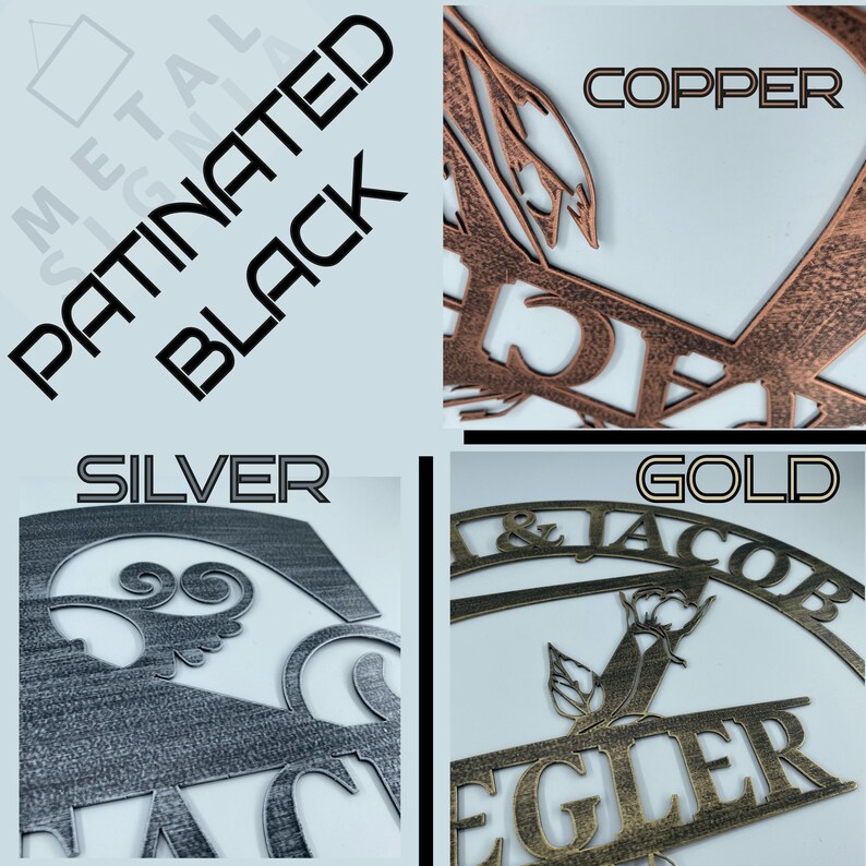 Pu&ograve; includere: Un collage di insegne metalliche in varie finiture: nero patinato, rame, argento e oro. Le insegne presentano disegni ritagliati, tra cui testo ed elementi decorativi. La parola "METAL SIGNS" &egrave; visibile in alto a sinistra.