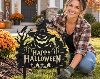 Halloween Yard Sign, Metal Garden Stake, Outdoor Pumpkin Spider Web Decor
